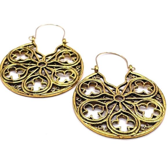 Yellow Gold Boho Mandala Style Round Detailed Dangling Drop Hinged Hook Earrings - Picture 2 of 6